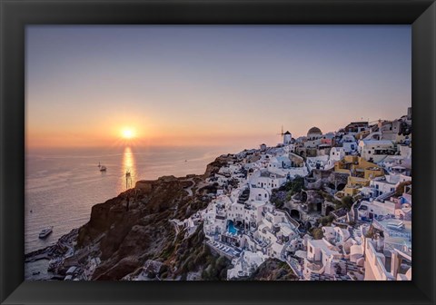 Framed Ship Sailing into the Sunset in Oia Greece Print