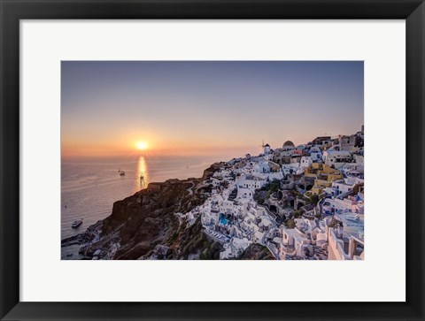 Framed Ship Sailing into the Sunset in Oia Greece Print