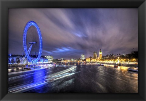 Framed Light Trails Up The Thames Print