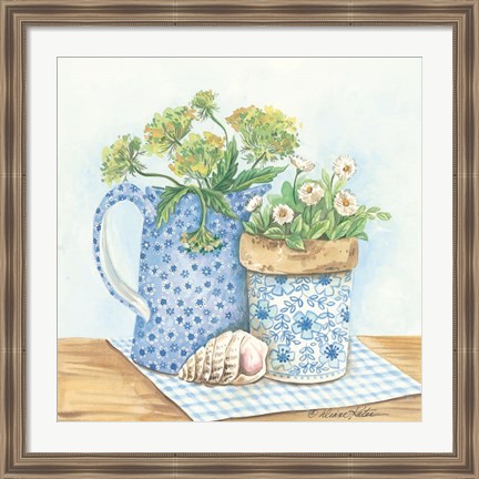 Framed Blue and White Pottery with Flowers I Print