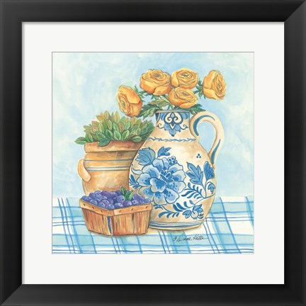 Framed Blue and White Pottery with Flowers II Print