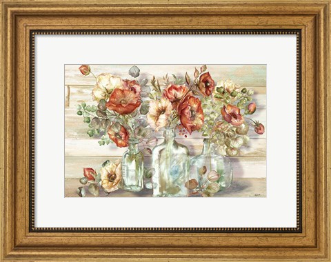 Framed Spice Poppies and Eucalyptus in bottles Landscape Print