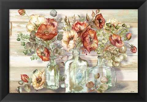 Framed Spice Poppies and Eucalyptus in bottles Landscape Print