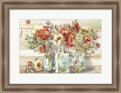 Framed Spice Poppies and Eucalyptus in bottles Landscape Print