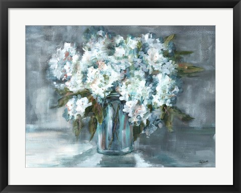 Framed White Hydrangeas on Gray Landscape Print