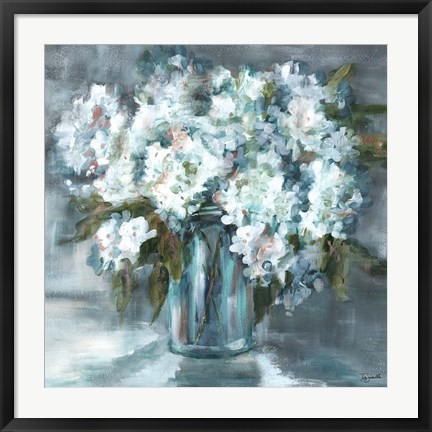 Framed White Hydrangeas on Gray Print