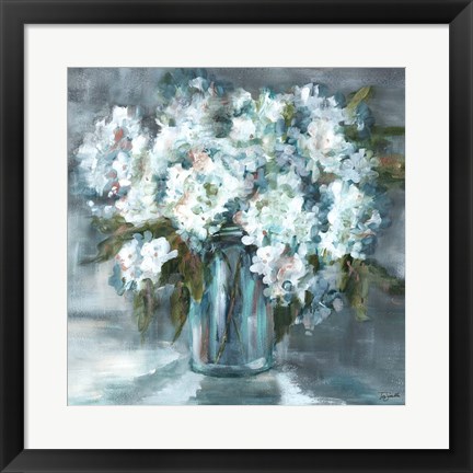 Framed White Hydrangeas on Gray Print