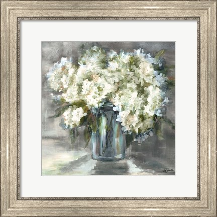 Framed White and Taupe Hydrangeas Sill Life Print