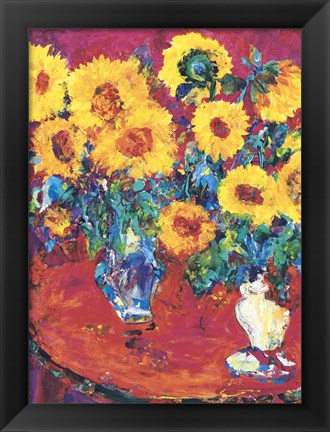 Framed Red Table with Sunflowers Print