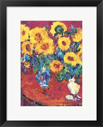 Framed Red Table with Sunflowers Print