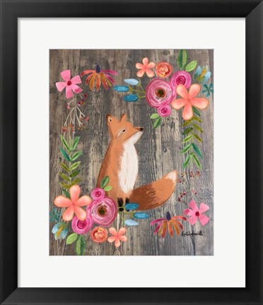 Framed Floral Fox on Wood Print