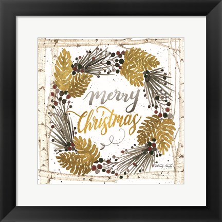 Framed Merry Christmas Birch Wreath with Berries Print