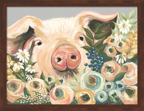 Framed Pig in the Flower Garden Print