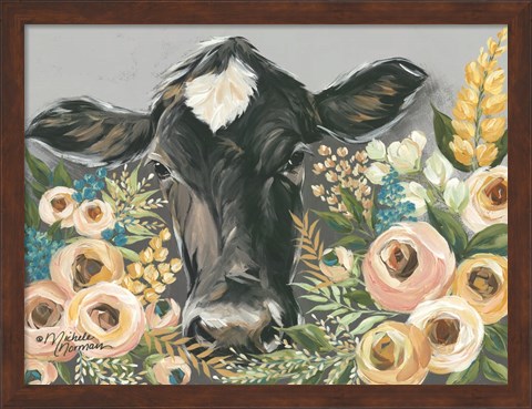 Framed Cow in the Flower Garden Print