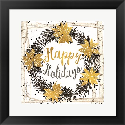 Framed Happy Holidays Birch Wreath Print