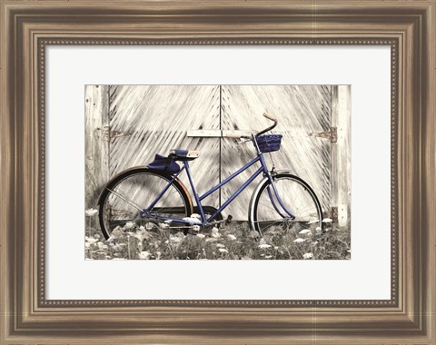 Framed Blue Bike at Barn Print