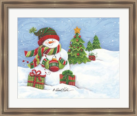 Framed Snowman with Ornament Print