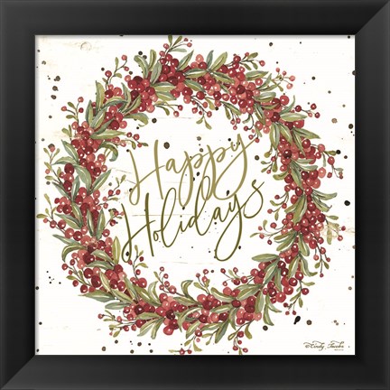 Framed Happy Holidays Berry Wreath Print