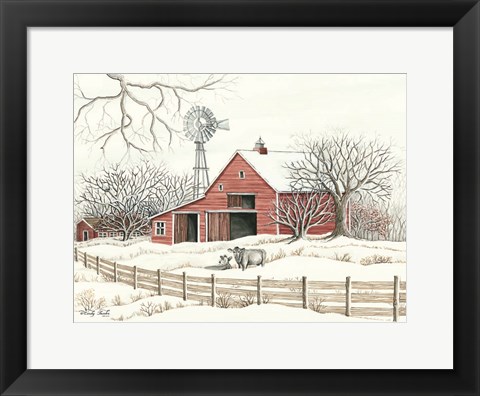 Framed Winter Barn with Windmill Print