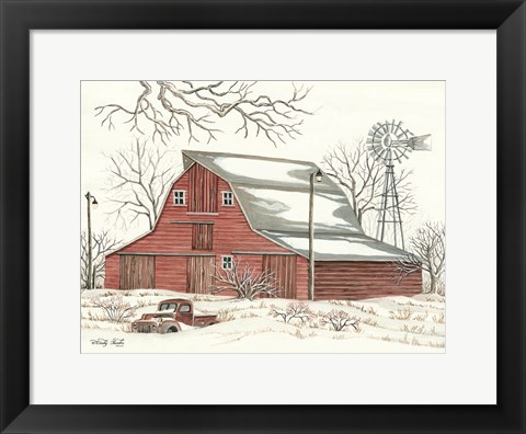 Framed Winter Barn with Pickup Truck Print