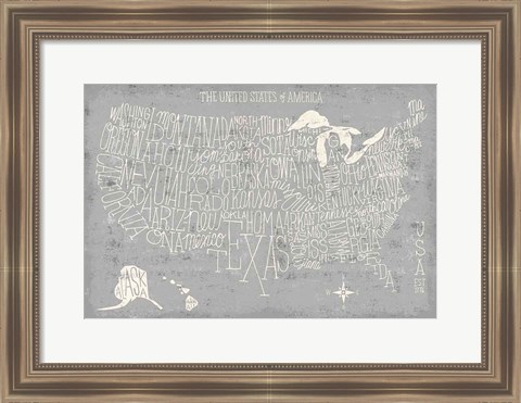 Framed Hand Lettered USA Map Gray Print