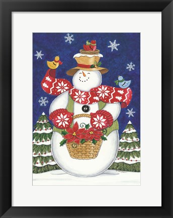 Framed Snowman with Poinsettias Print